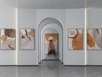 Minimalist Modern Gallery Interior With Abstract Paintings Archway And Neutral Tones 3d model