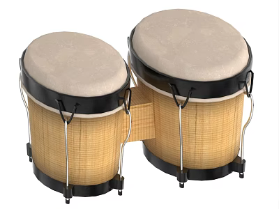 Pair of Wooden Bongo Drums With Beige Drum Heads And Natural Wood Finish Musical Instrument 3d model