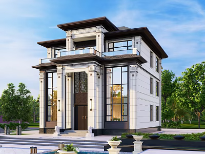 Modern Style Two Story Detached Villa With White Exterior Large Windows And Green Trees 3d model