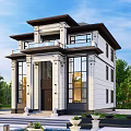 Modern Style Two Story Detached Villa With White Exterior Large Windows And Green Trees