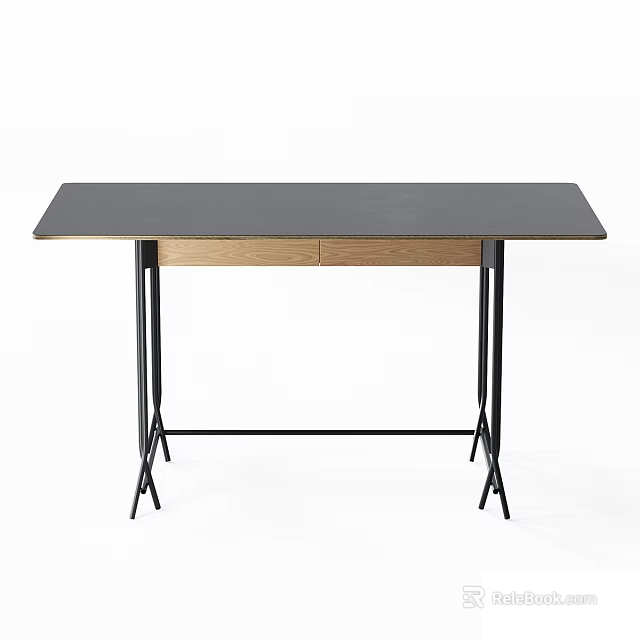 Home Office Modern Desk With Wooden Desktop And Black Metal Legs Design 3d model 