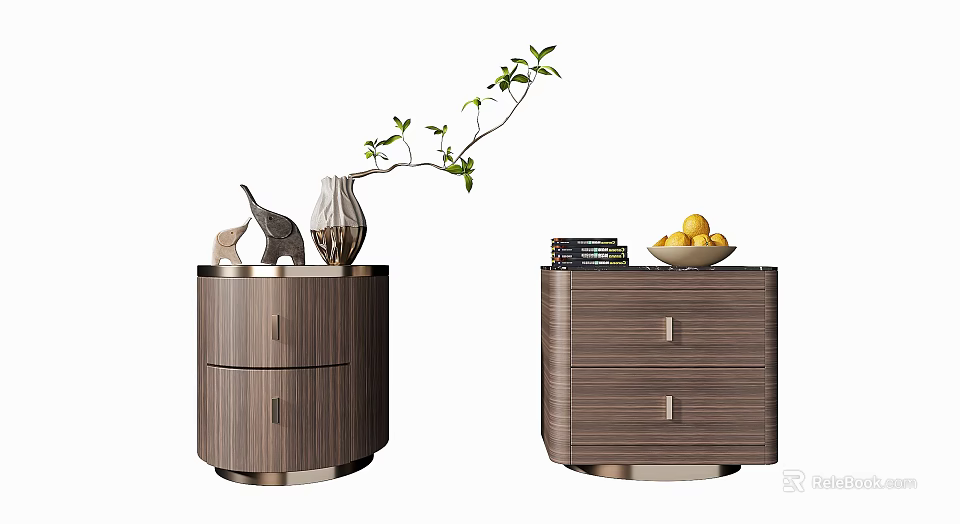 Modern Wooden Bedside Tables With Vase Branch Stacked Plates And Lemon Bowl 3d model 