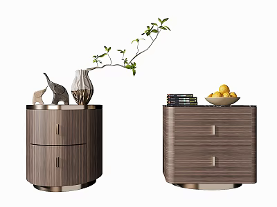 Modern Wooden Bedside Tables With Vase Branch Stacked Plates And Lemon Bowl 3d model