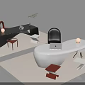 Black and White Office Desks with White Sphere Lamps Laptop Red Stools and Potted Plant