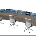 Modern Functional Desk Workspace With Multiple Monitors Office Chairs And Curved Design
