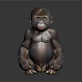 Realistic Brown Baby Gorilla Sculpture In Sitting Posture With Smooth Surface And Gray Background
