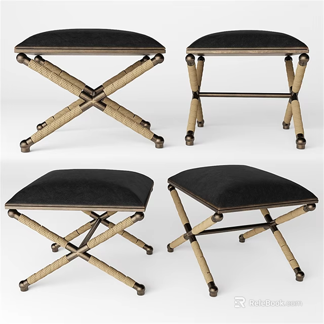 Modern Sofa Stools With Black Cushions And Crossed Rattan Legs Design 3d model 