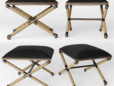 Modern Sofa Stools With Black Cushions And Crossed Rattan Legs Design 3d model