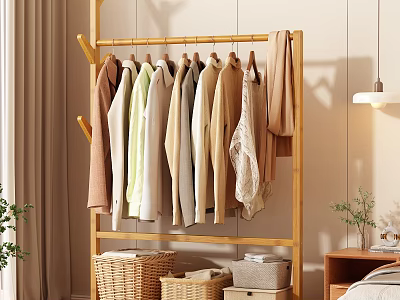 Wooden Clothes Rack With Hanging Clothes Woven Baskets And Storage Boxes In Cozy Home 3d model