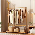 Wooden Clothes Rack With Hanging Clothes Woven Baskets And Storage Boxes In Cozy Home