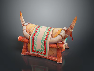 Ethnic Style Wooden Stool With Horn Decor And Geometric Pattern Cloth 3d model