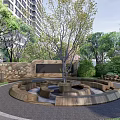 Park Landscape with Circular Wooden Structure Central Tree Green Plants Bushes and High Rise Background