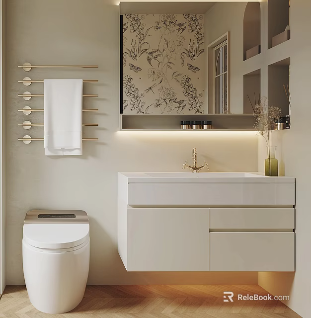 Modern Bathroom Cabinet With White Sink Gold Faucet Drawers And Mirror Lighting 3d model 