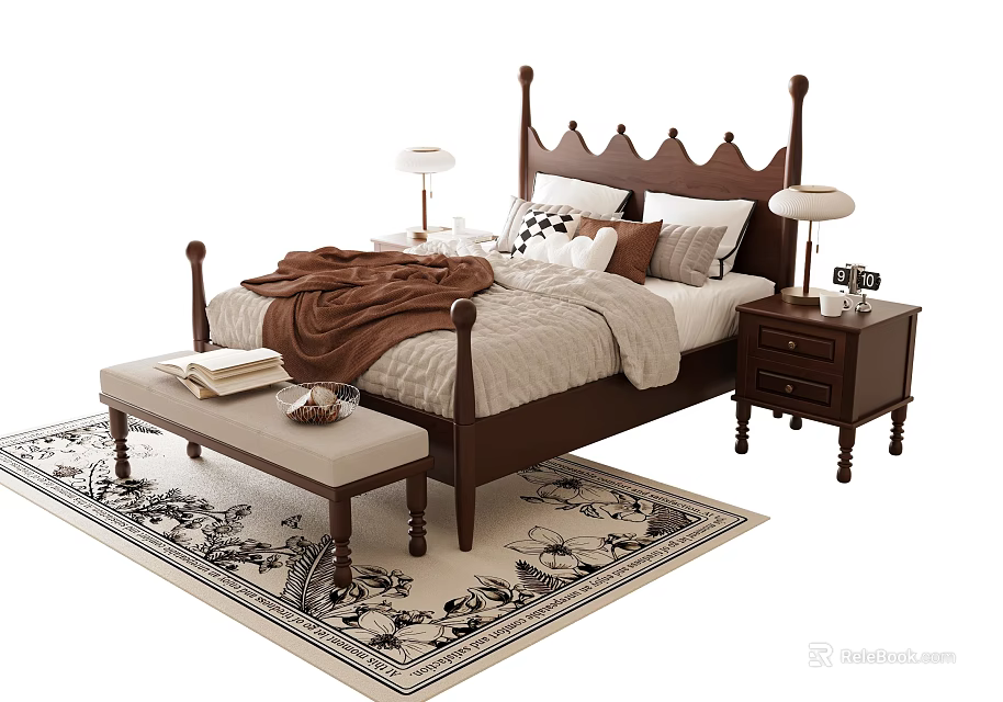 Double Bed with Wooden Headboard and Bedding plus Nightstands Table Lamps Bench and Patterned Rug 3d model 