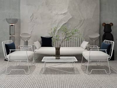 Modern Minimalist Sofa and Coffee Table Set with Accent Chairs Black White Cushions Decorative Plant 3d model