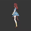 Anime Game Character With Long Pink Hair Cat Ears Blue Dress Red White Striped Socks