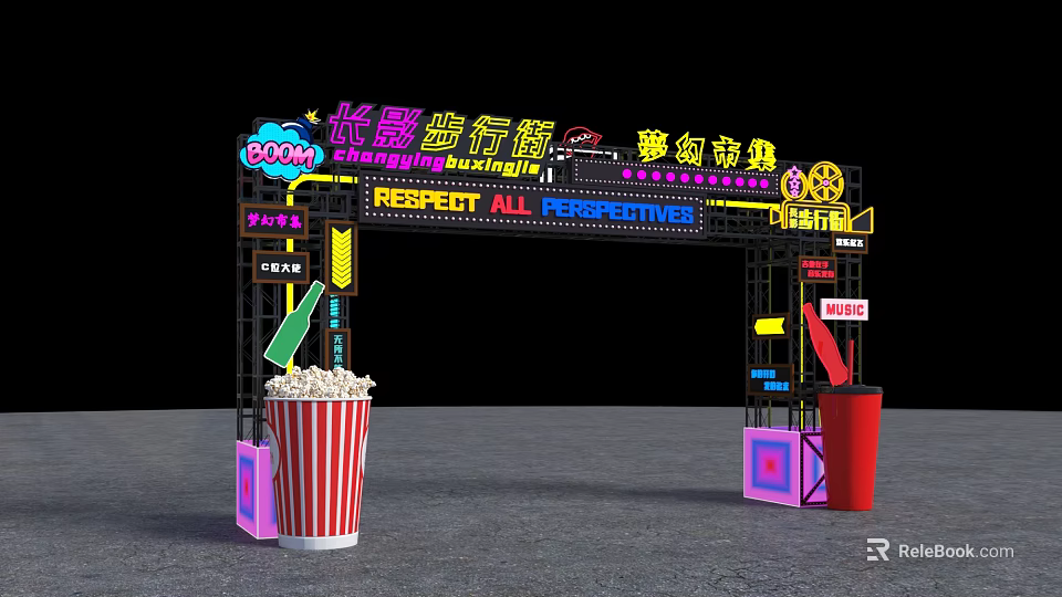 Movie Themed Pedestrian Street Fantasy Market With Neon Lights Respect All Perspectives And Popcorn Bucket 3d model 