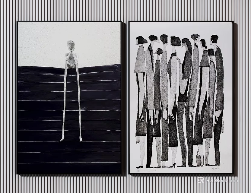 Monochrome Figure Paintings With Single Tall Standing Figure And Group Silhouettes On Striped Backgrounds 3d model 