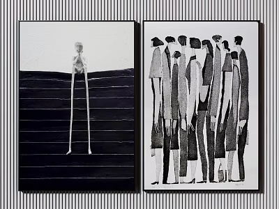 Monochrome Figure Paintings With Single Tall Standing Figure And Group Silhouettes On Striped Backgrounds 3d model