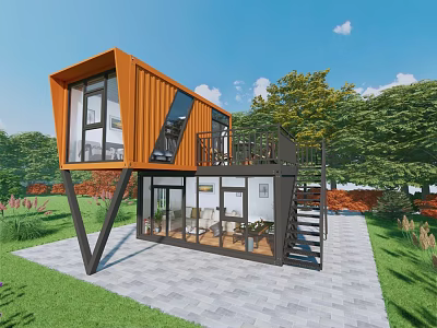 Two Story Orange Container Building with Large Windows Terrace Staircase and Green Lawn 3d model