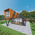 Two Story Orange Container Building with Large Windows Terrace Staircase and Green Lawn