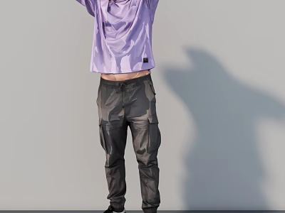 Man Wearing Purple Oversized Shirt And Gray Cargo Pants Raising Arms 3d model