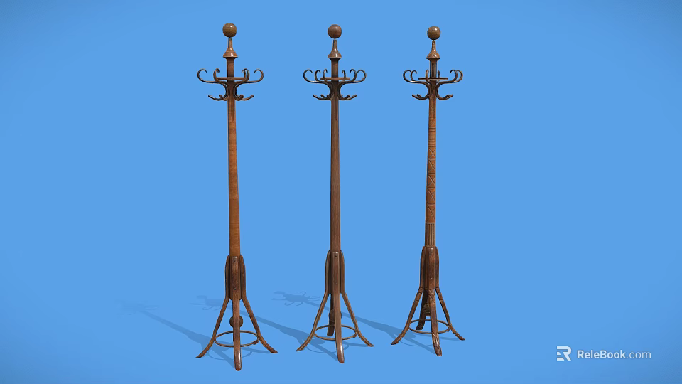 Wooden Furniture Three Standing Coat Racks With Hooks And Tripod Bases 3d model 