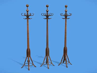 Wooden Furniture Three Standing Coat Racks With Hooks And Tripod Bases 3d model