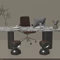 Marble Desk Setup With Brown Leather Chair White Laptop Black Stools And Plant In Vase