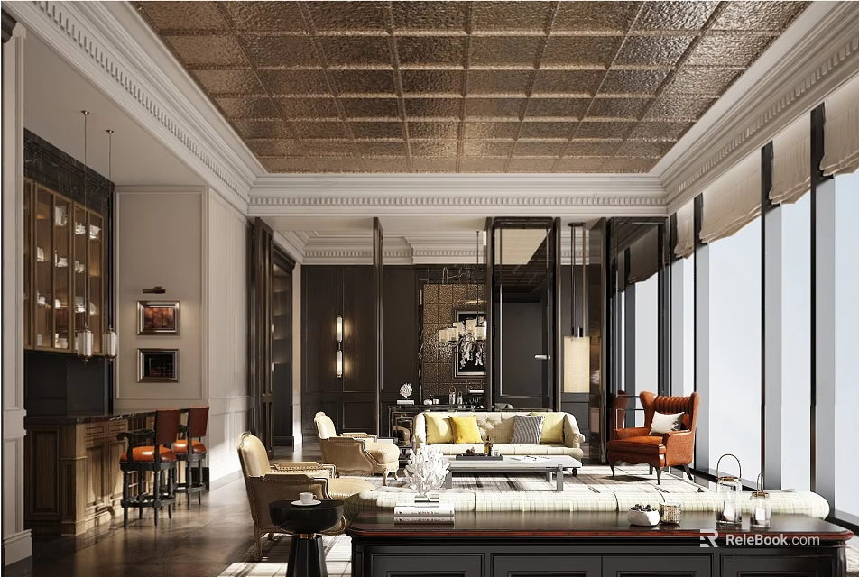 Elegant Duplex Living Room Interior With Copper Ceiling Large Windows And Sofa Set 3d model 