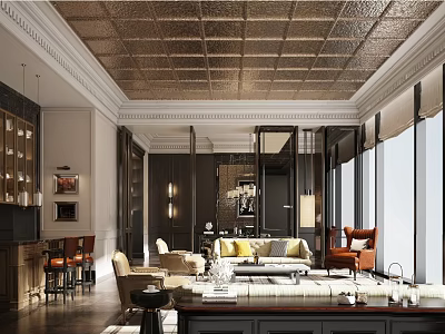 Elegant Duplex Living Room Interior With Copper Ceiling Large Windows And Sofa Set 3d model