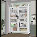 White Glass Door Kitchen Storage Cabinet Organizing Food Containers And Microwave