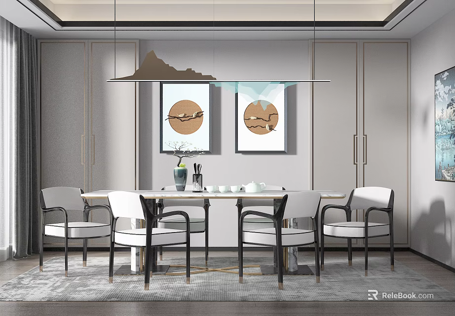 Modern Dining Table Set with White Chairs Hanging Pendant Light and Two Decorative Paintings 3d model 