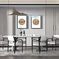 Modern Dining Table Set with White Chairs Hanging Pendant Light and Two Decorative Paintings