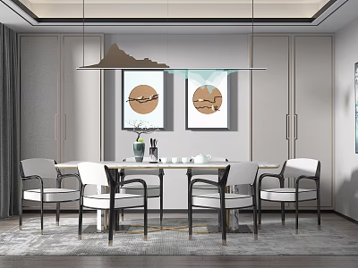 Modern Dining Table Set with White Chairs Hanging Pendant Light and Two Decorative Paintings 3d model
