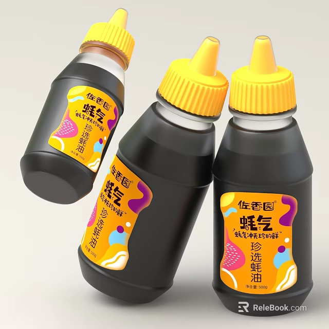 Elegant Premium Yuanwei Oyster Sauce in Black Bottles with Yellow Caps 3d model 