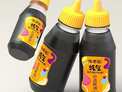 Elegant Premium Yuanwei Oyster Sauce in Black Bottles with Yellow Caps 3d model