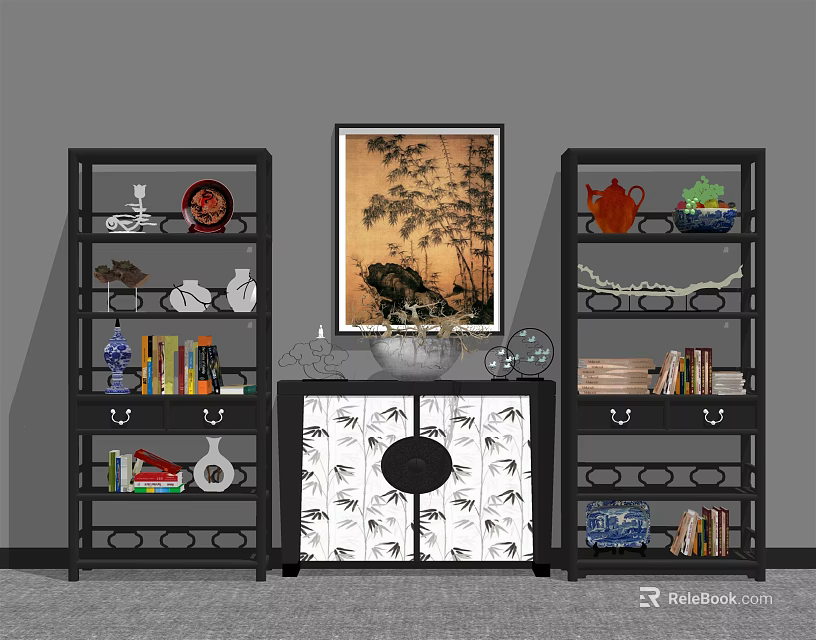 Black Storage Shelves Displaying Tea Sets Books And Decorative Items With Bamboo Painting 3d model 