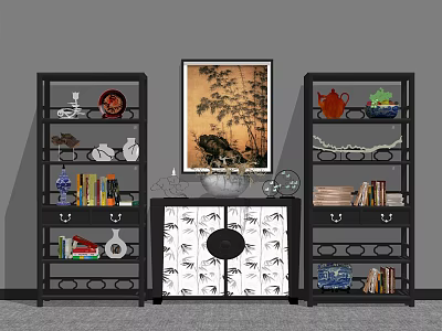 Black Storage Shelves Displaying Tea Sets Books And Decorative Items With Bamboo Painting 3d model