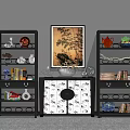 Black Storage Shelves Displaying Tea Sets Books And Decorative Items With Bamboo Painting