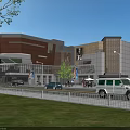 Modern Commercial Complex Exterior With Pedestrians Vehicles And Greenery Along Street