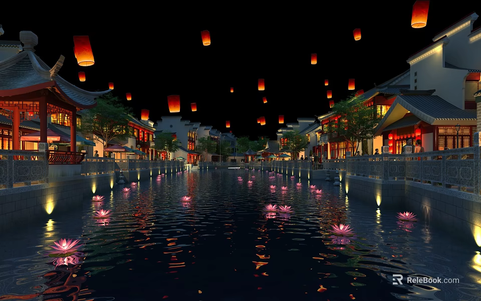 Ancient Town Night Scene With Floating Lanterns And Lotus Lights Reflecting In Water 3d model 