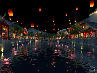 Ancient Town Night Scene With Floating Lanterns And Lotus Lights Reflecting In Water 3d model