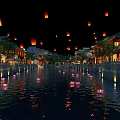Ancient Town Night Scene With Floating Lanterns And Lotus Lights Reflecting In Water