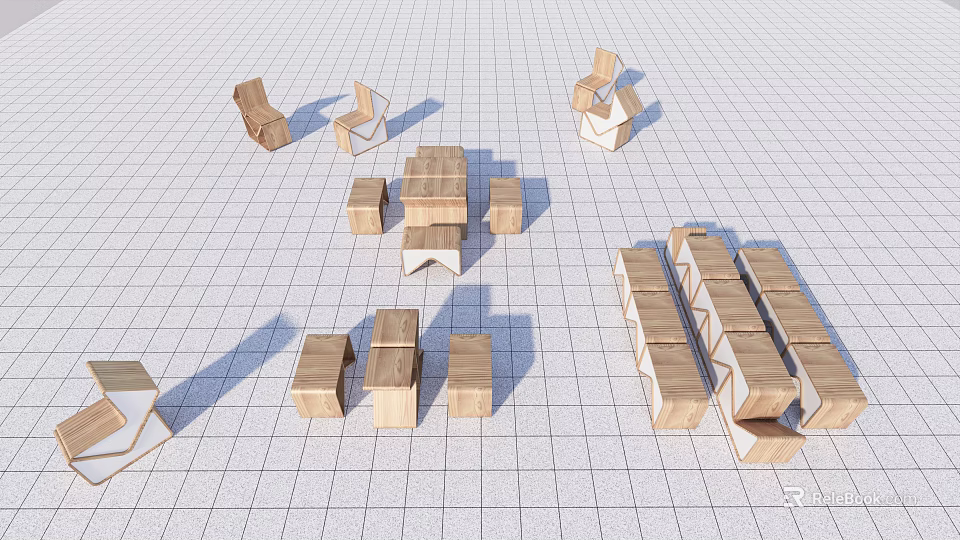 Wooden Landscape Seats with Geometric Shapes and Various Structures for Outdoor Design 3d model 