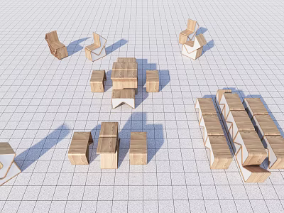 Wooden Landscape Seats with Geometric Shapes and Various Structures for Outdoor Design 3d model