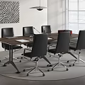 Modern Office Conference Table With Black Chairs Wooden Surface Near Window Wall Art And Plant