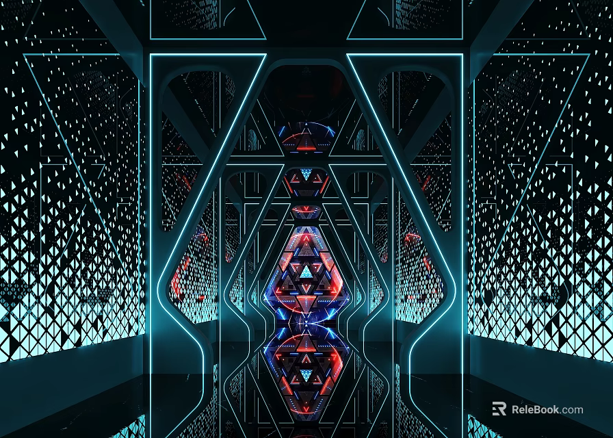 Modern Futuristic KTV Corridor with Neon Lights Geometric Patterns and Mirrored Floors 3d model 