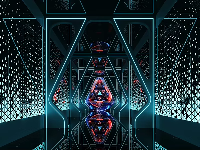 Modern Futuristic KTV Corridor with Neon Lights Geometric Patterns and Mirrored Floors 3d model
