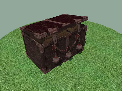 Vintage Wooden Chest With Rustic Design Metal Locks Chains On Green Grass 3d model